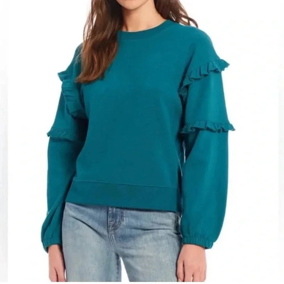 New Rebecca Minkoff Blue Green Sweatshirt Evelyn Ruffle Sleeves S​​​ - Picture 1 of 1